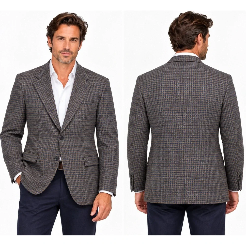 Joseph Abboud Heritage Soft Jacket 46S Navy Brown Houndstooth Wool /Linen Blazer